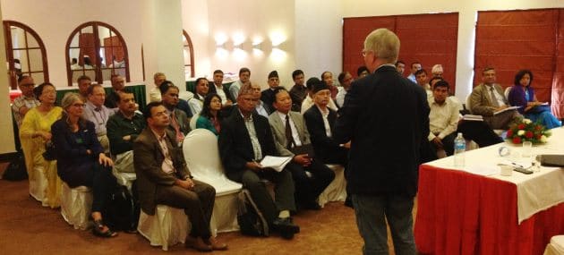 The Chairman of the Consultative Research Committee for Development Research, Prof Henrik Secher Marcussen, presents ‘What constitutes a good research application?’ at the workshop in Kathmandu.